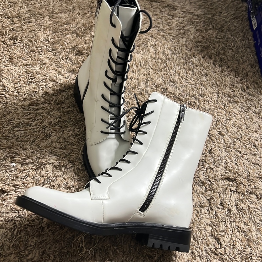 White and black lace up boots